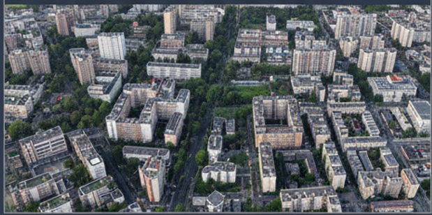 High-resolution aerial mosaic of urban buildings